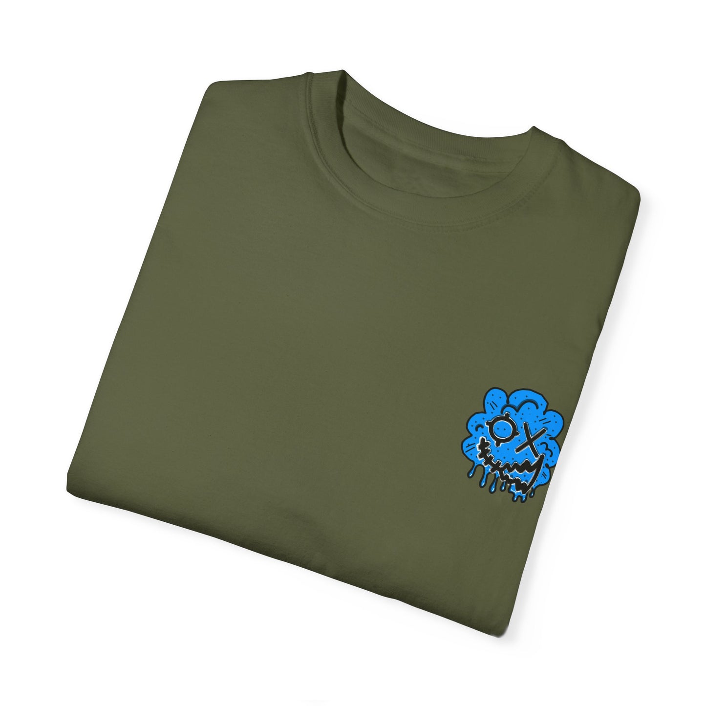 Artistic Blue Cloud Unisex Garment-Dyed T-Shirt - Streetwear Style with Blue Graffiti Design