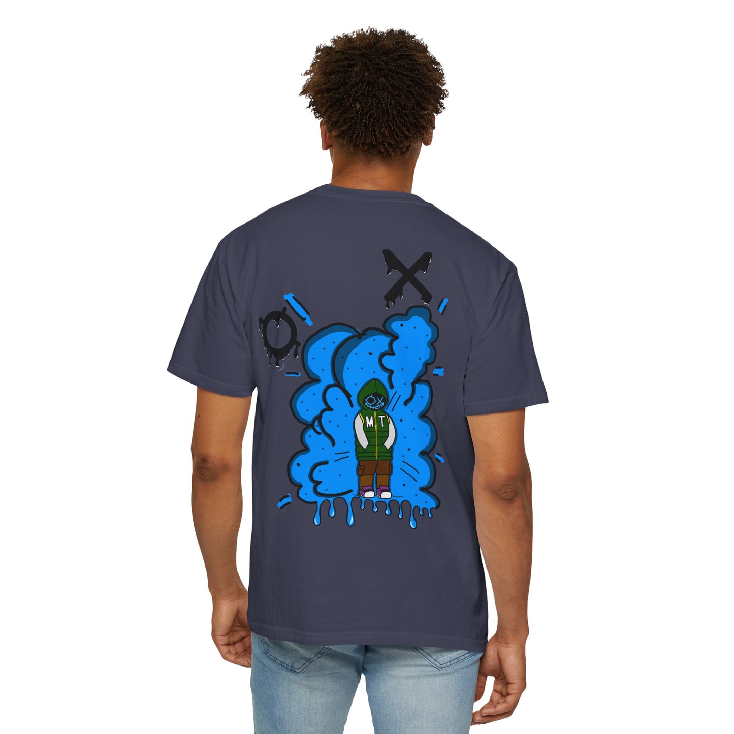 Artistic Blue Cloud Unisex Garment-Dyed T-Shirt - Streetwear Style with Blue Graffiti Design