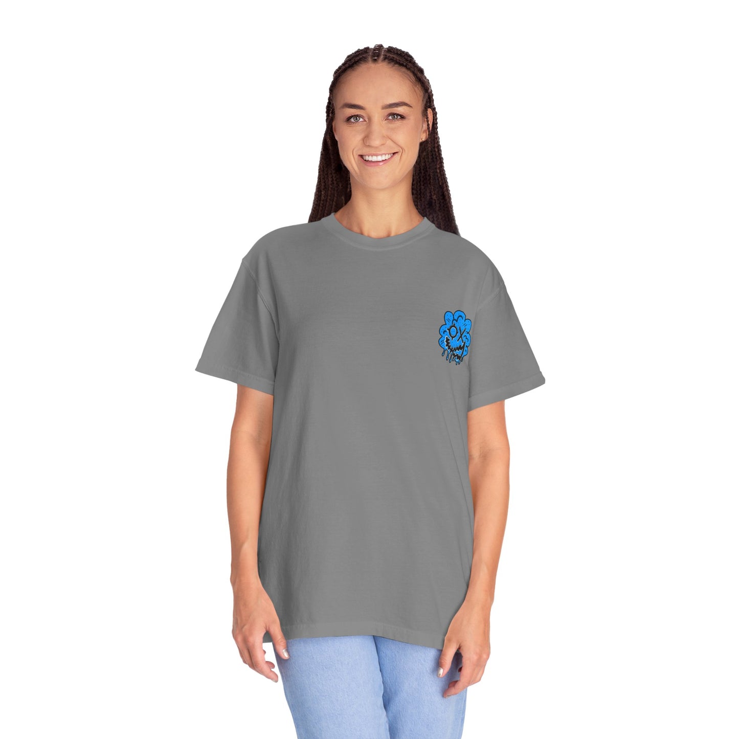 Artistic Blue Cloud Unisex Garment-Dyed T-Shirt - Streetwear Style with Blue Graffiti Design