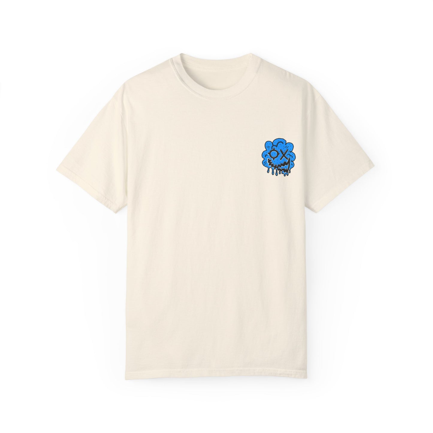 Artistic Blue Cloud Unisex Garment-Dyed T-Shirt - Streetwear Style with Blue Graffiti Design