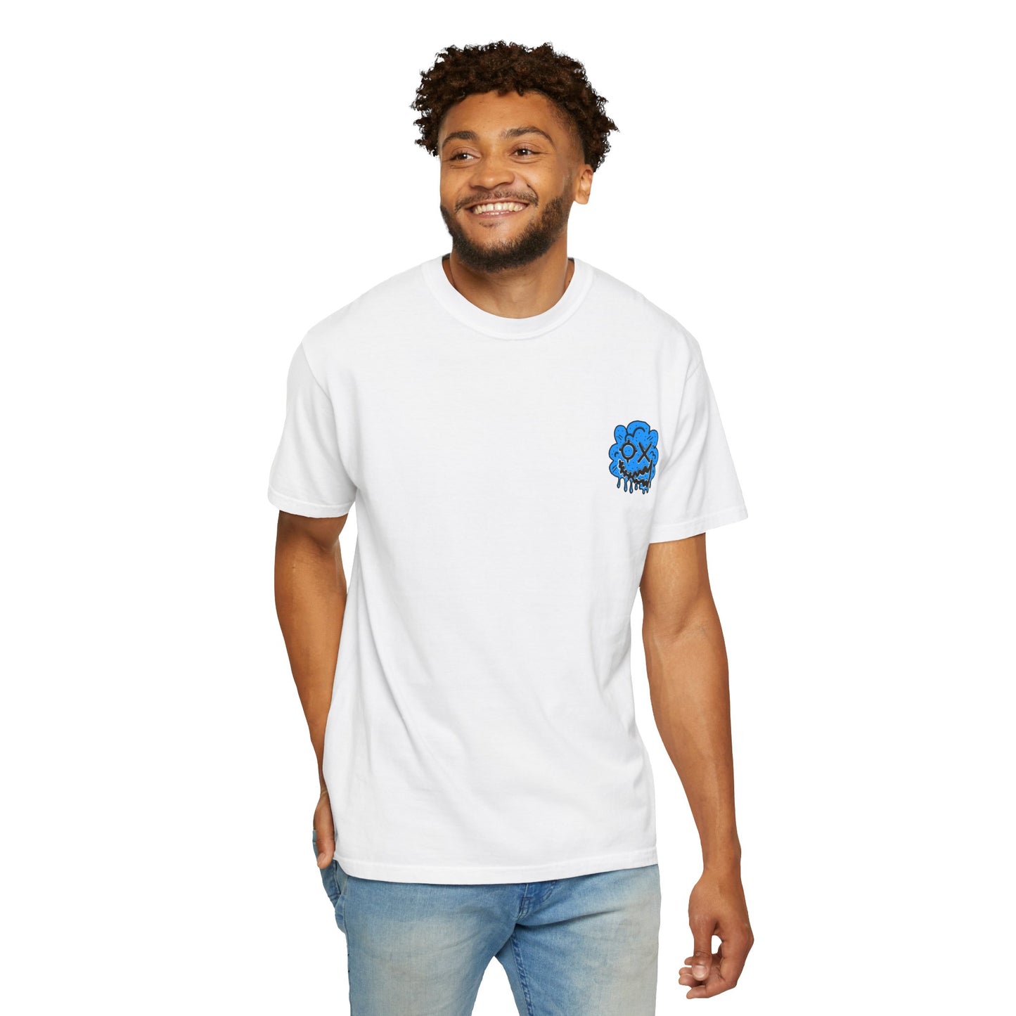 Artistic Blue Cloud Unisex Garment-Dyed T-Shirt - Streetwear Style with Blue Graffiti Design