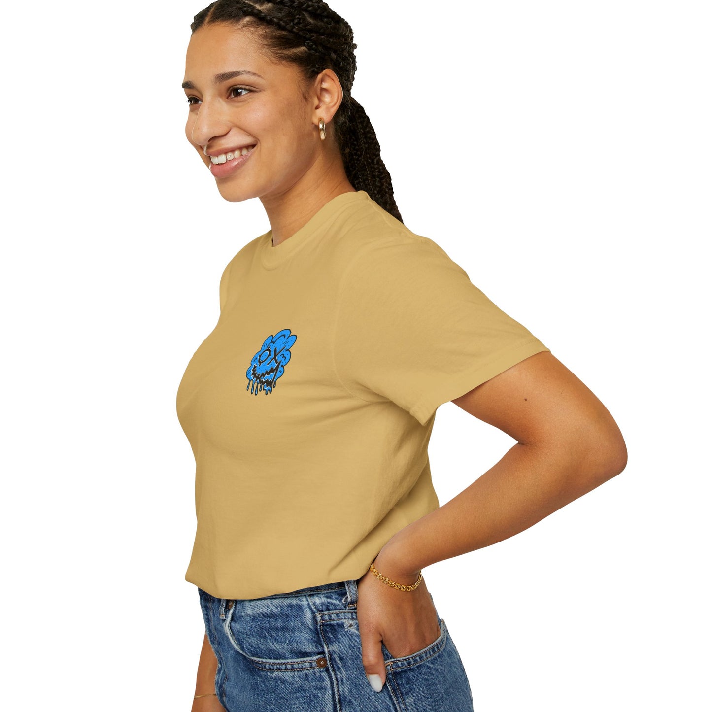 Artistic Blue Cloud Unisex Garment-Dyed T-Shirt - Streetwear Style with Blue Graffiti Design