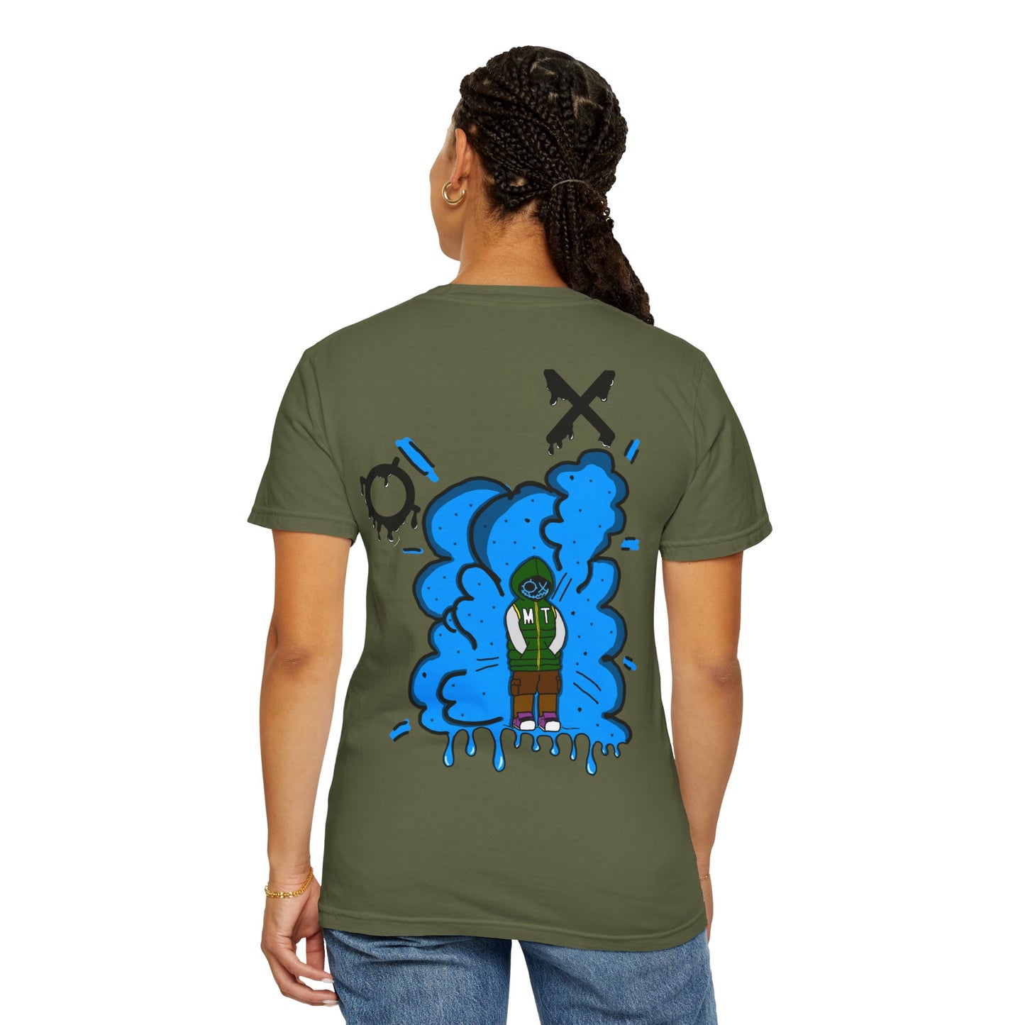 Artistic Blue Cloud Unisex Garment-Dyed T-Shirt - Streetwear Style with Blue Graffiti Design