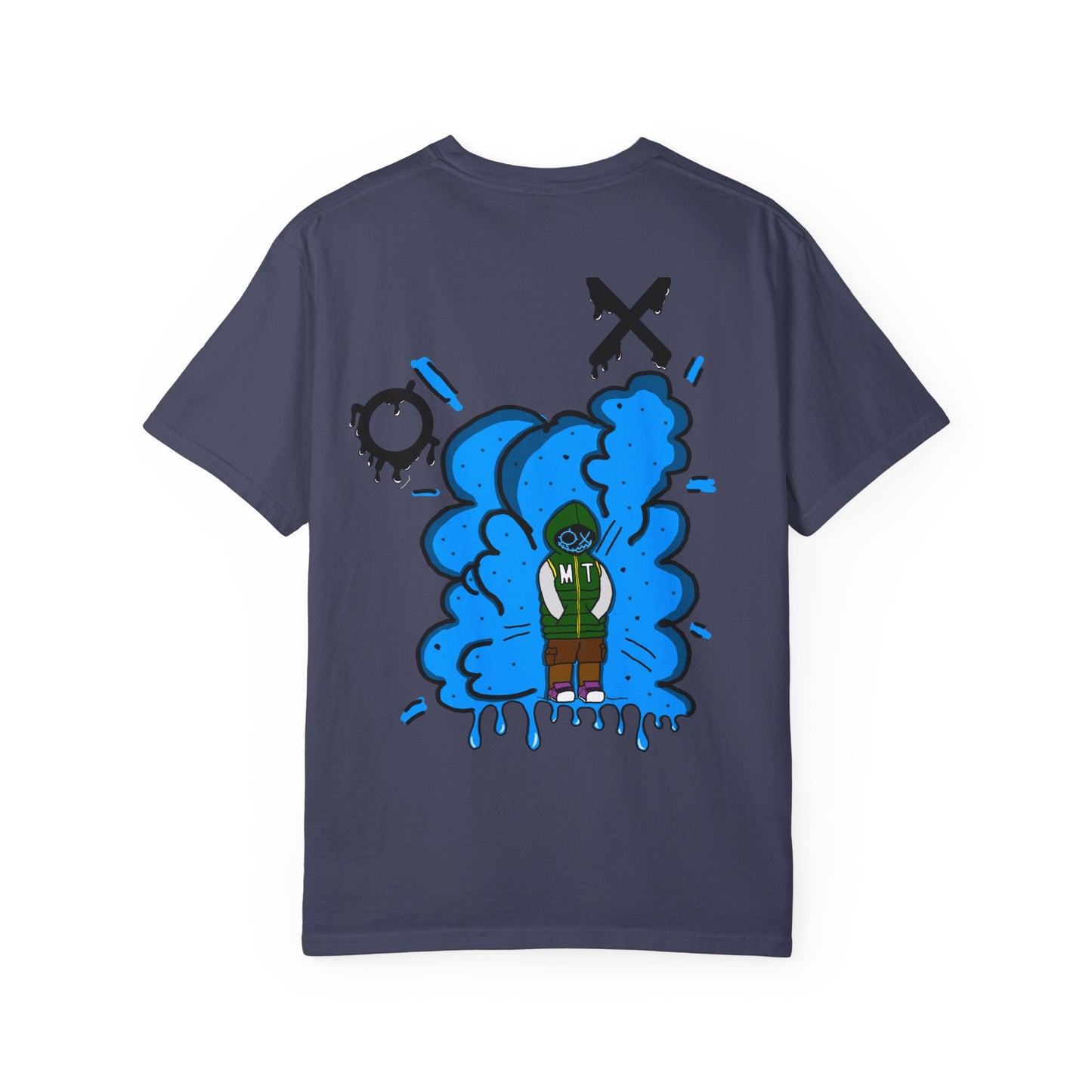Artistic Blue Cloud Unisex Garment-Dyed T-Shirt - Streetwear Style with Blue Graffiti Design