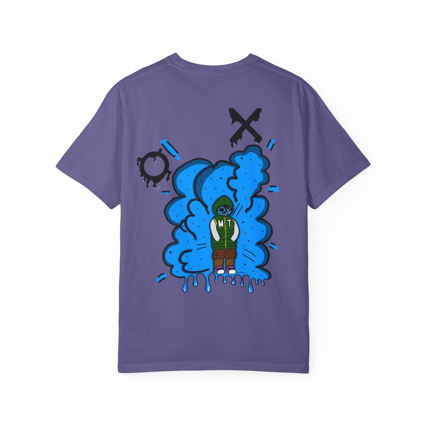 Artistic Blue Cloud Unisex Garment-Dyed T-Shirt - Streetwear Style with Blue Graffiti Design