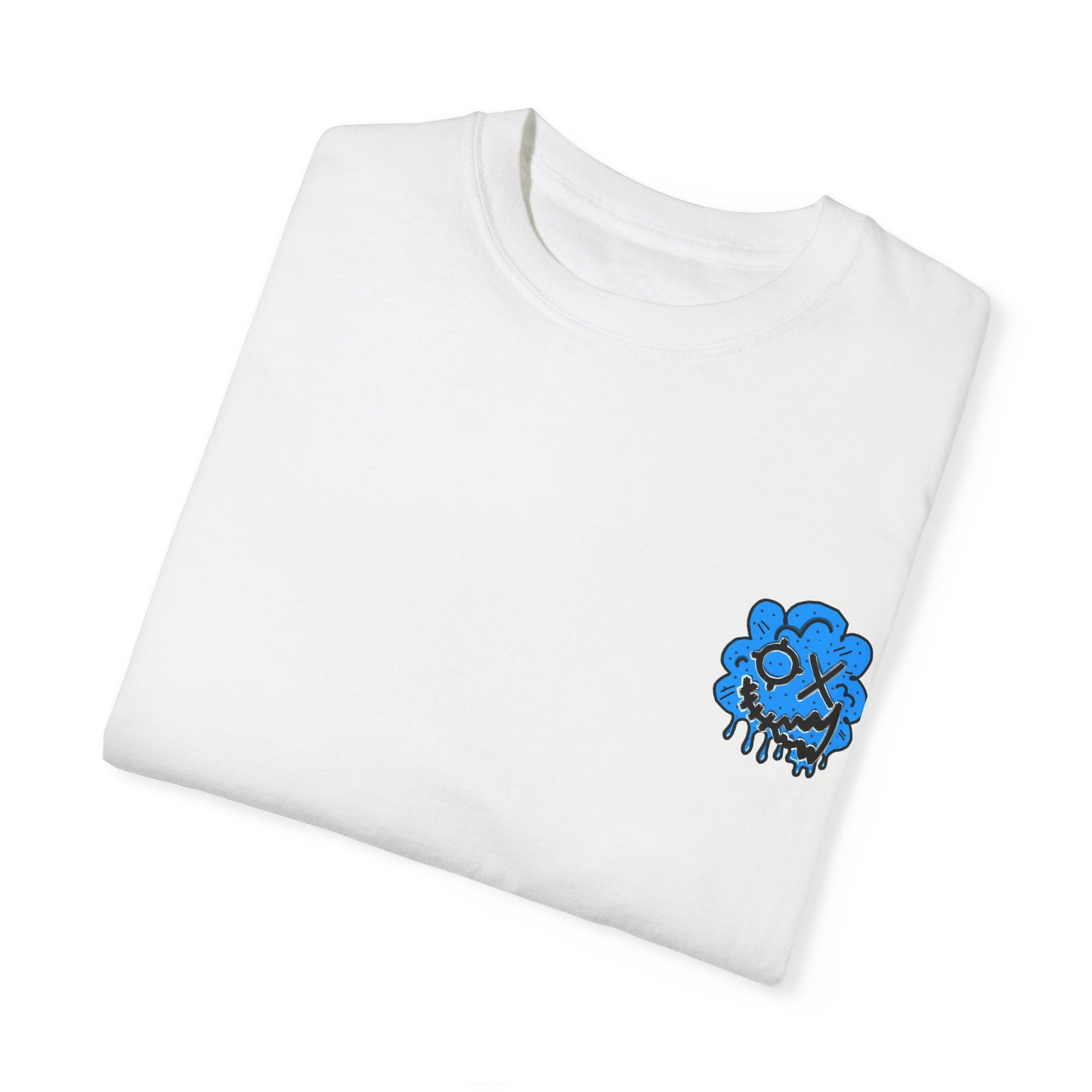 Artistic Blue Cloud Unisex Garment-Dyed T-Shirt - Streetwear Style with Blue Graffiti Design