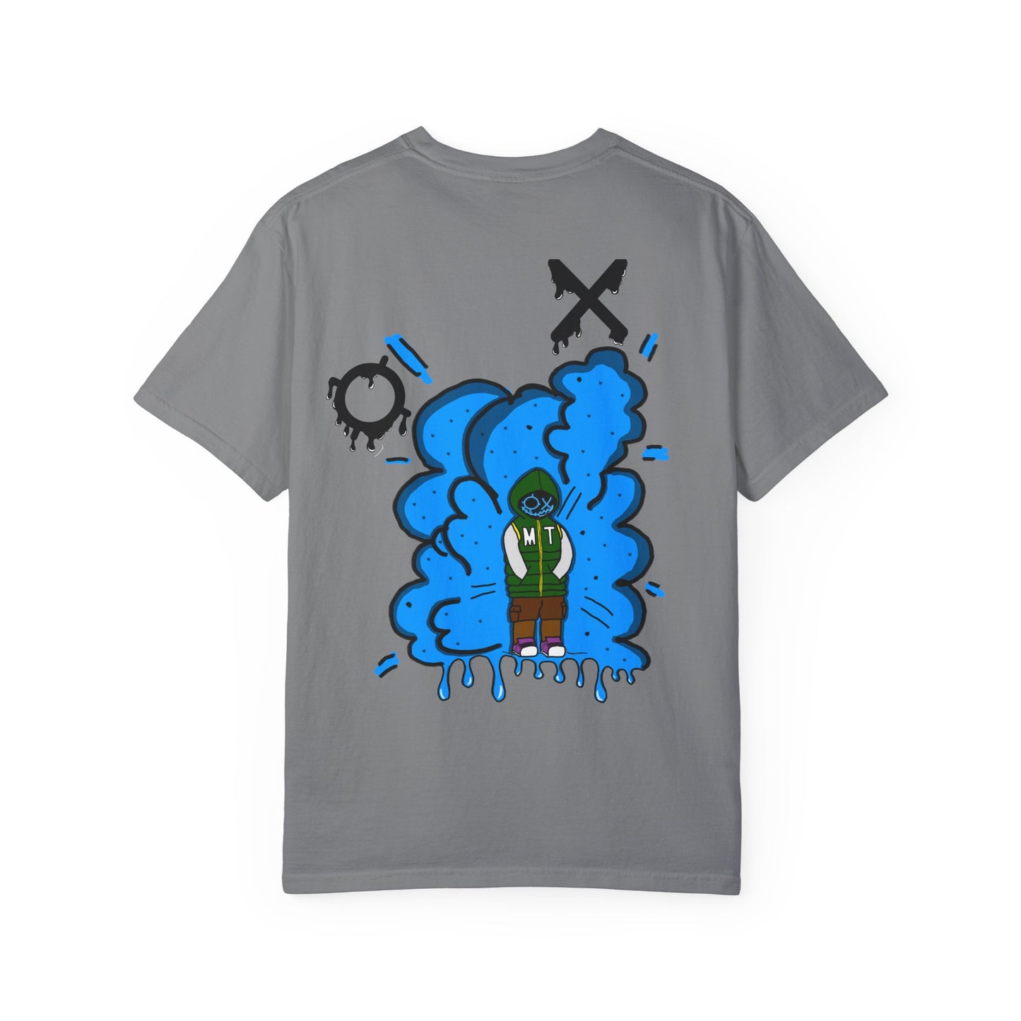 Artistic Blue Cloud Unisex Garment-Dyed T-Shirt - Streetwear Style with Blue Graffiti Design