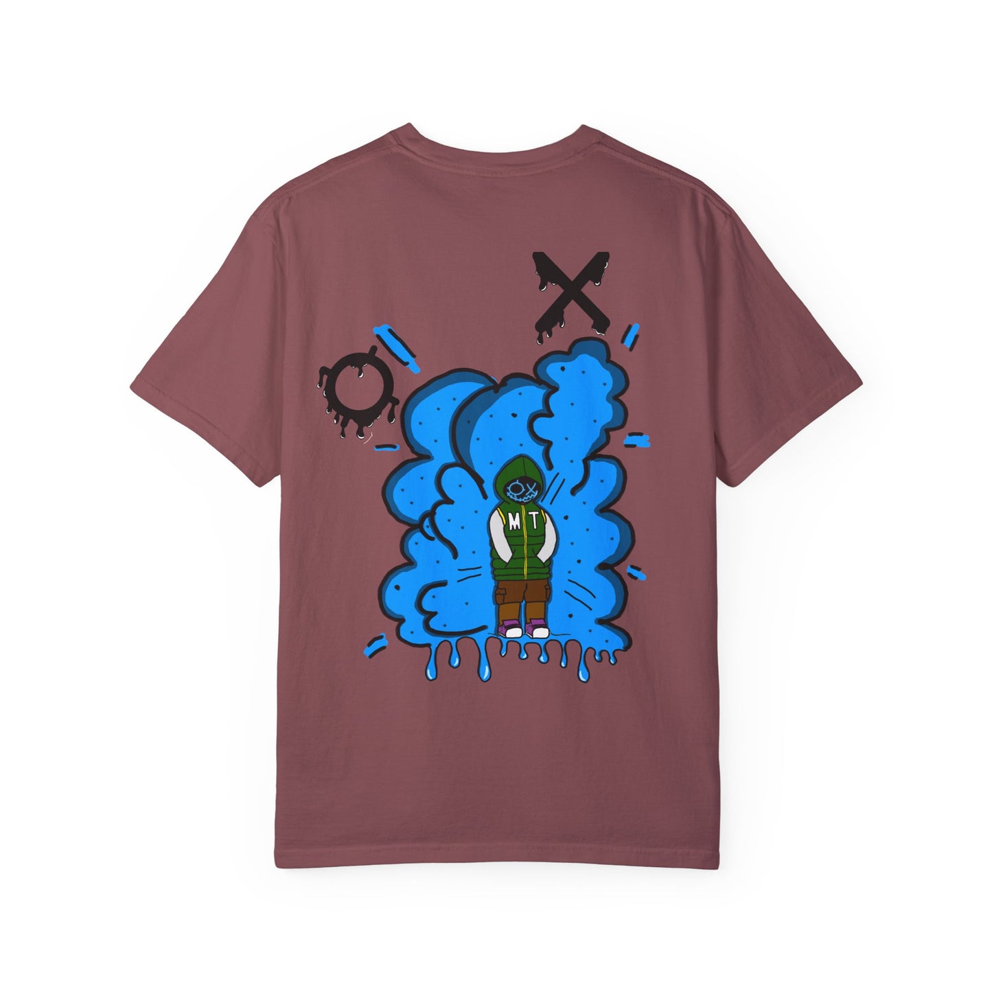 Artistic Blue Cloud Unisex Garment-Dyed T-Shirt - Streetwear Style with Blue Graffiti Design
