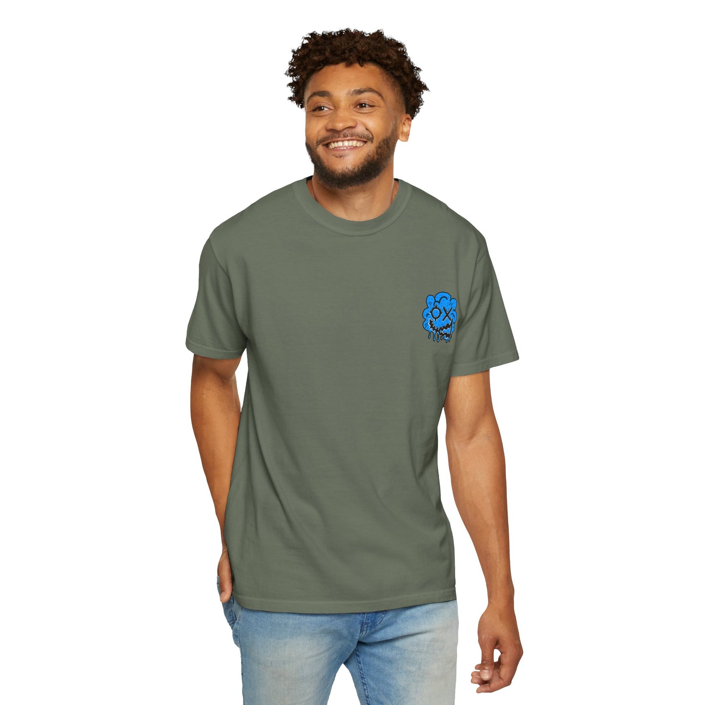 Artistic Blue Cloud Unisex Garment-Dyed T-Shirt - Streetwear Style with Blue Graffiti Design