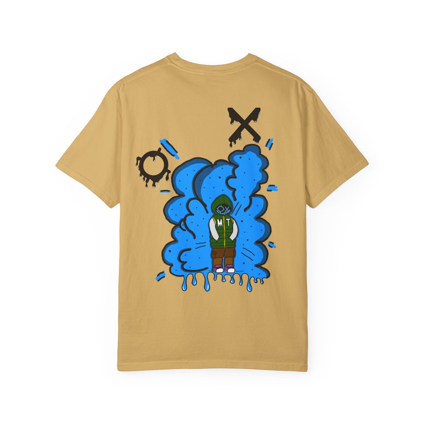 Artistic Blue Cloud Unisex Garment-Dyed T-Shirt - Streetwear Style with Blue Graffiti Design