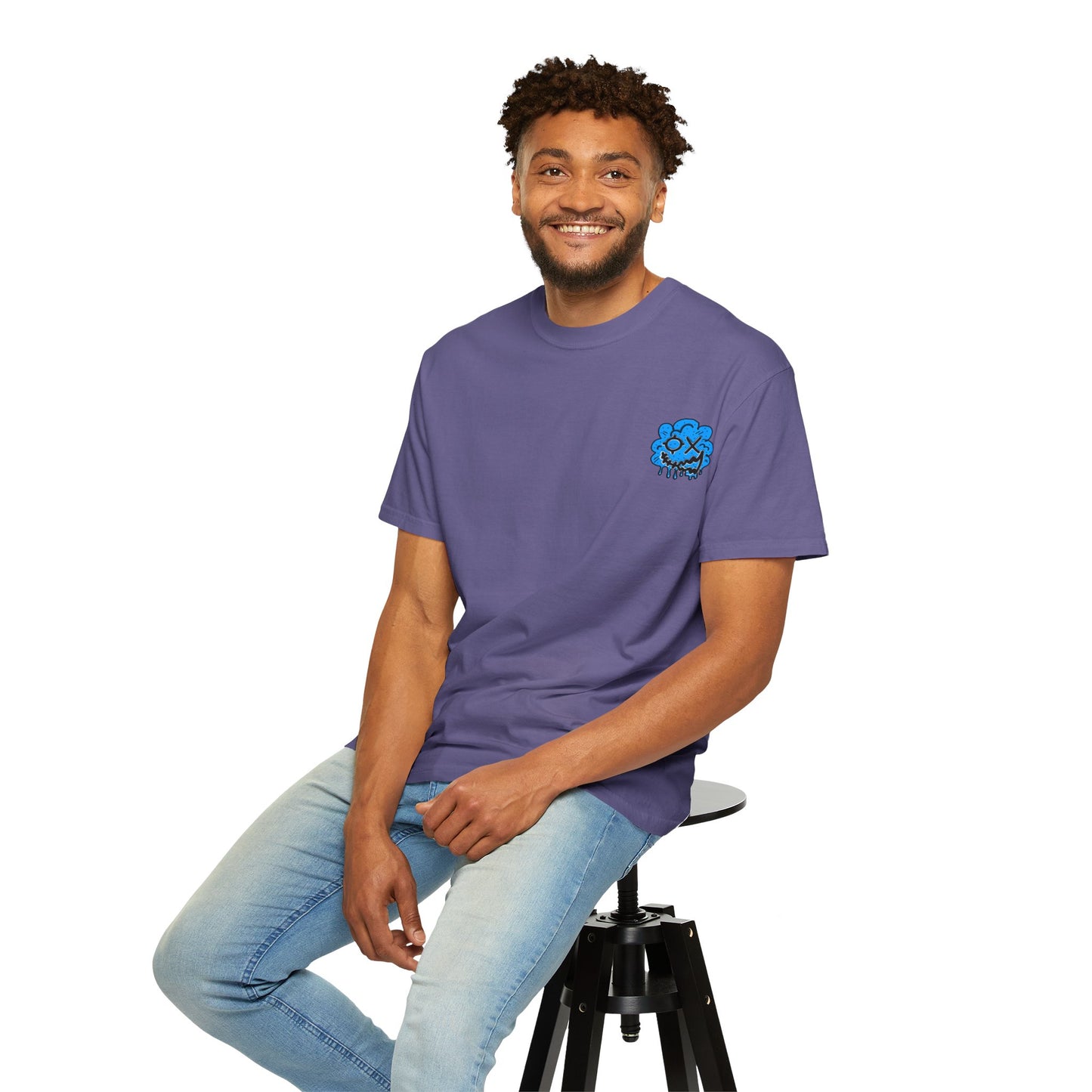 Artistic Blue Cloud Unisex Garment-Dyed T-Shirt - Streetwear Style with Blue Graffiti Design