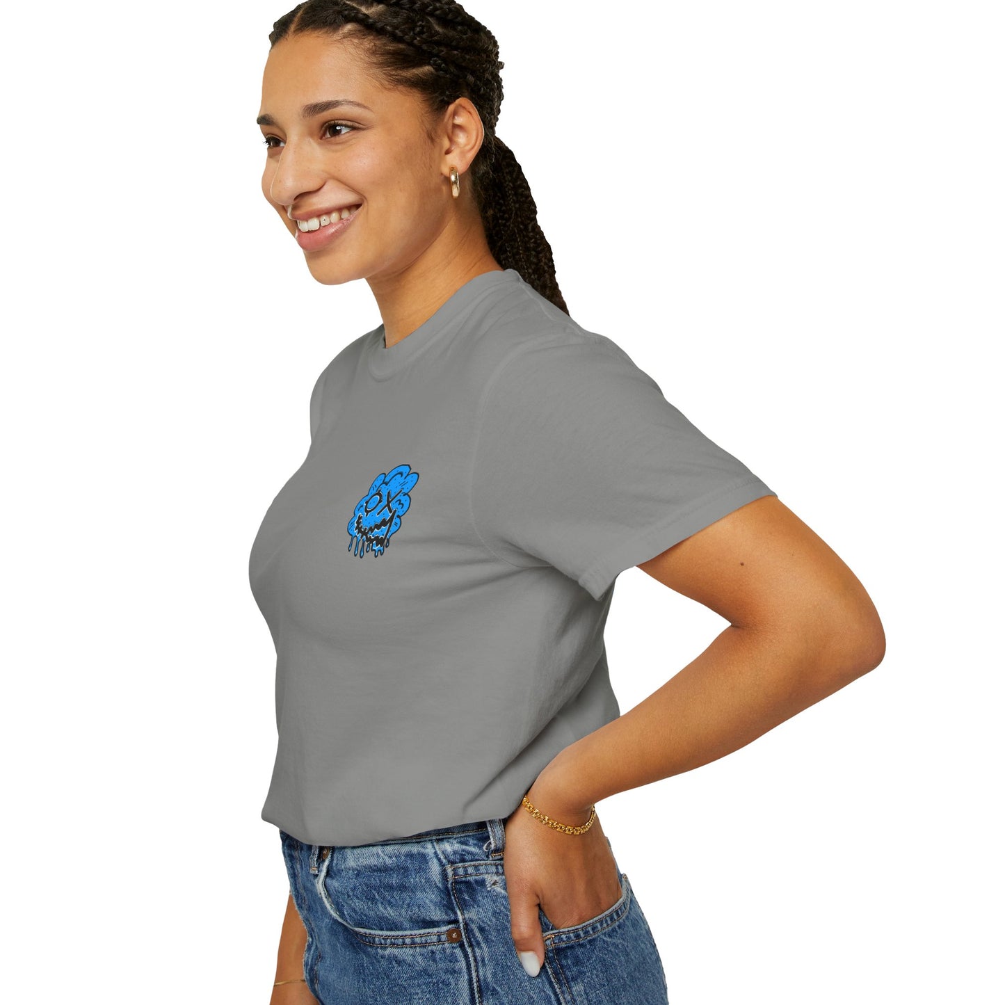 Artistic Blue Cloud Unisex Garment-Dyed T-Shirt - Streetwear Style with Blue Graffiti Design