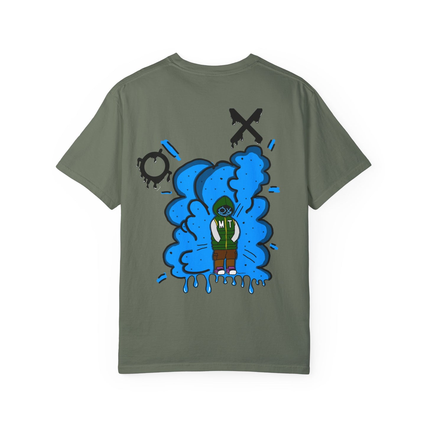 Artistic Blue Cloud Unisex Garment-Dyed T-Shirt - Streetwear Style with Blue Graffiti Design