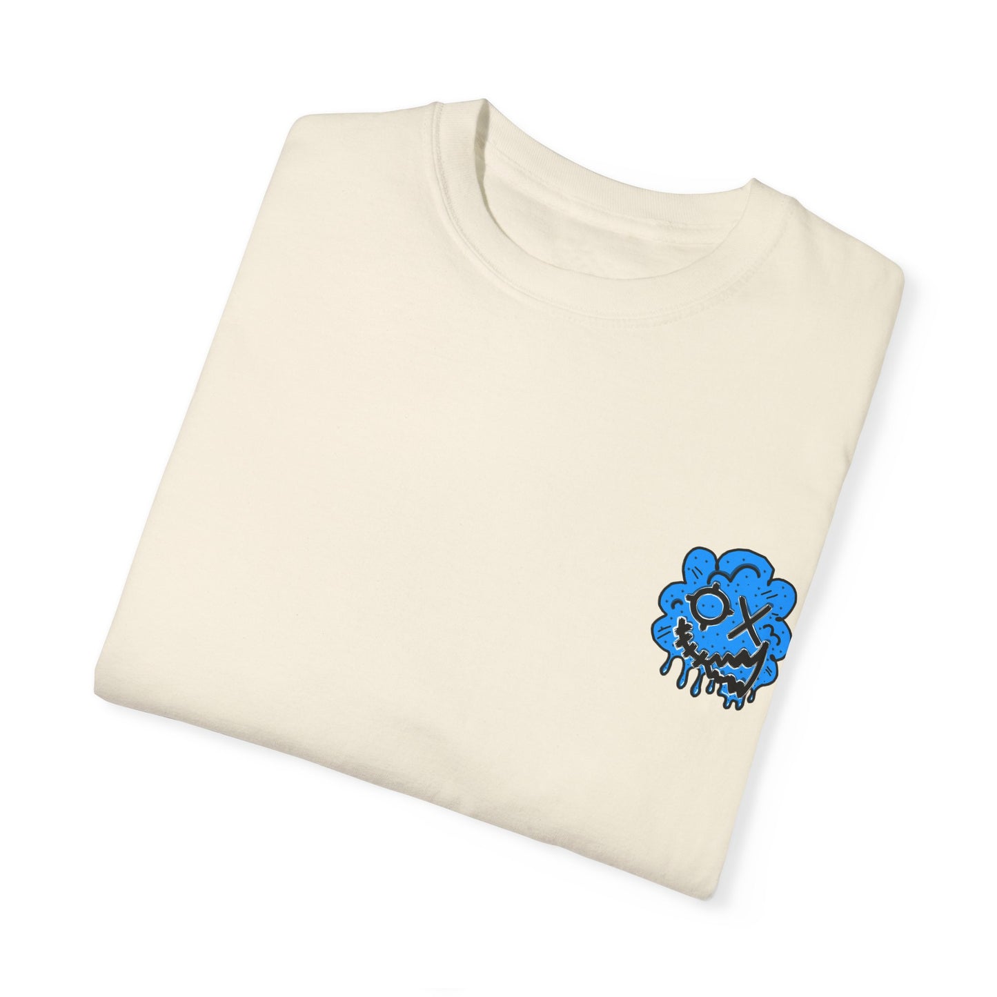Artistic Blue Cloud Unisex Garment-Dyed T-Shirt - Streetwear Style with Blue Graffiti Design