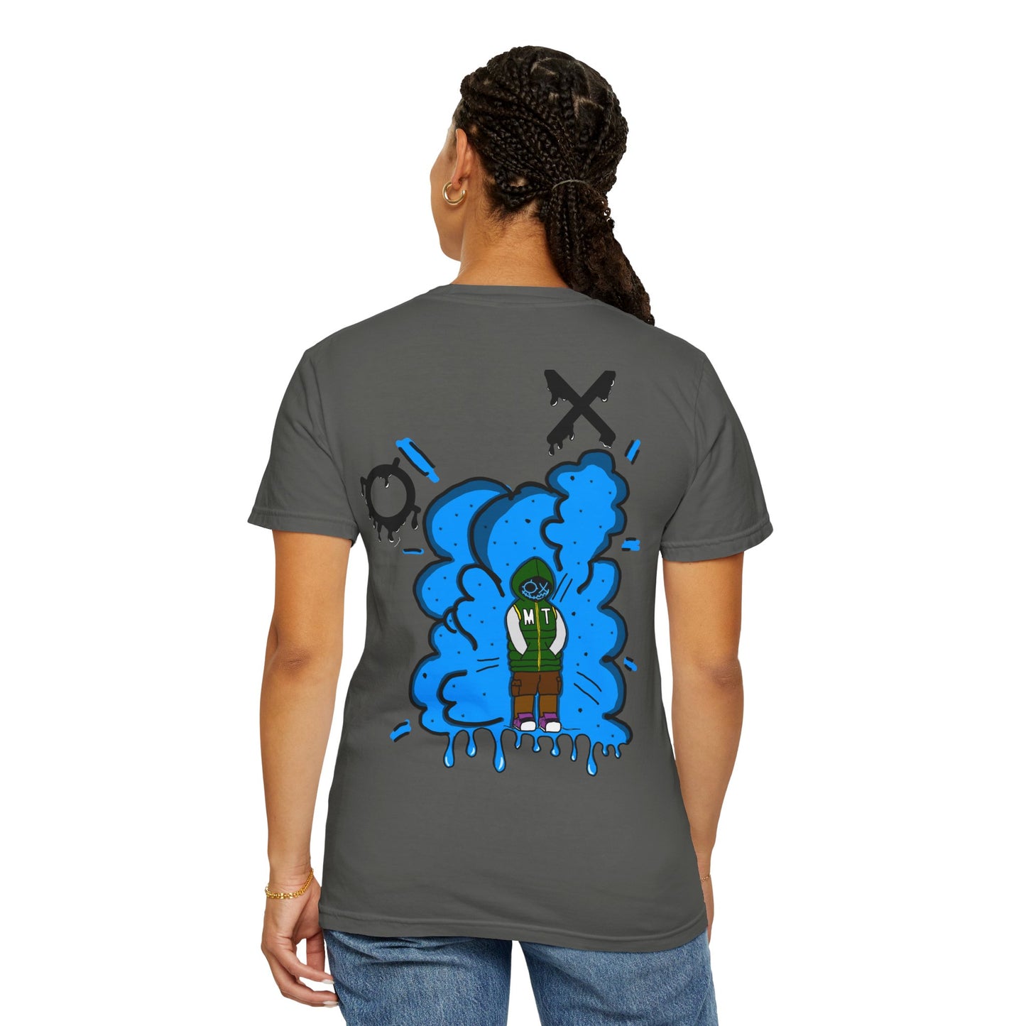 Artistic Blue Cloud Unisex Garment-Dyed T-Shirt - Streetwear Style with Blue Graffiti Design