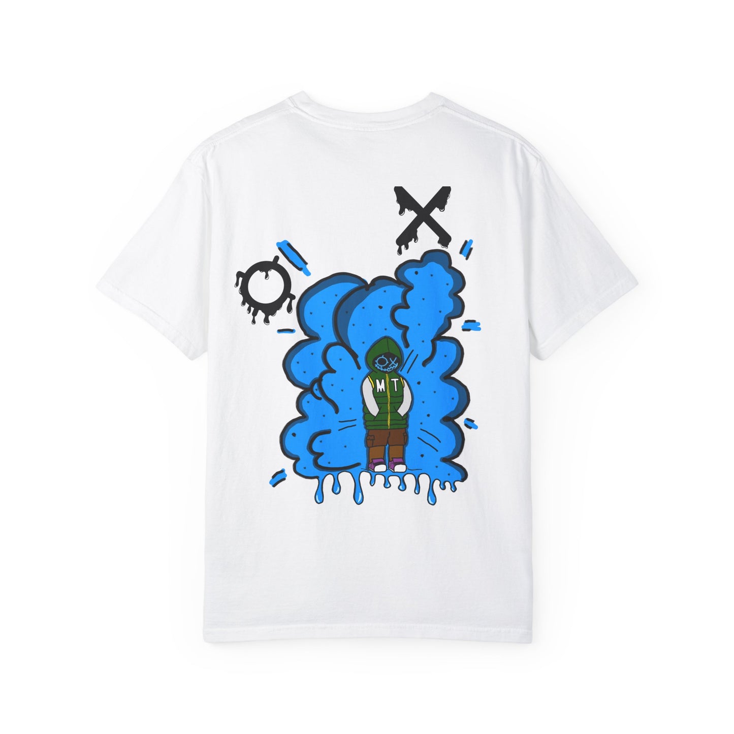 Artistic Blue Cloud Unisex Garment-Dyed T-Shirt - Streetwear Style with Blue Graffiti Design
