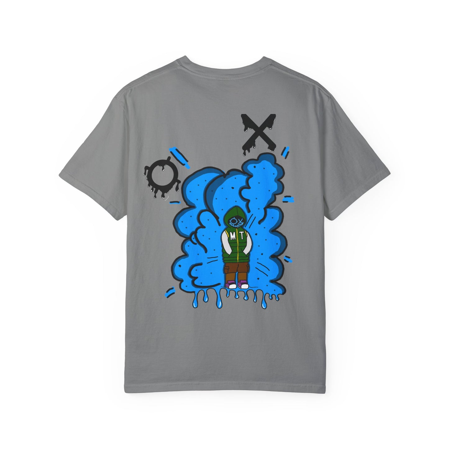 Artistic Blue Cloud Unisex Garment-Dyed T-Shirt - Streetwear Style with Blue Graffiti Design