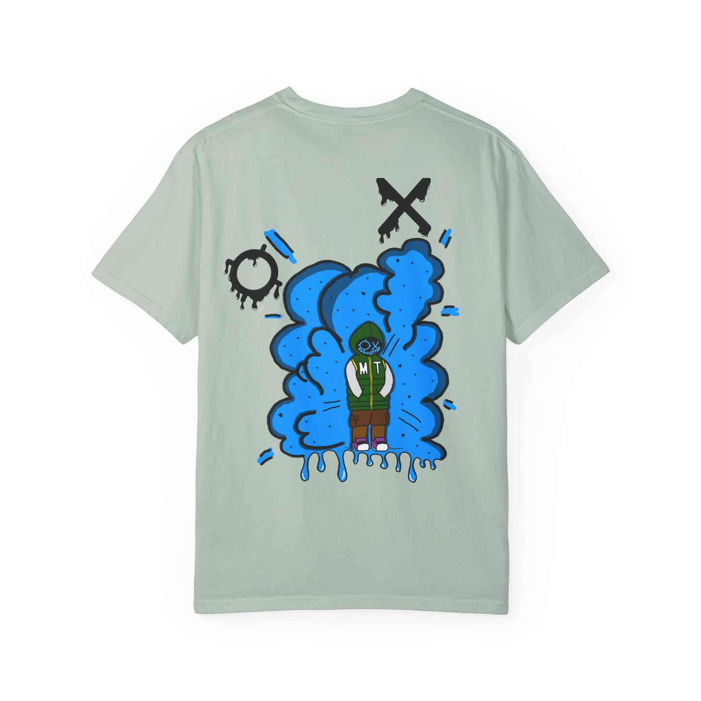 Artistic Blue Cloud Unisex Garment-Dyed T-Shirt - Streetwear Style with Blue Graffiti Design
