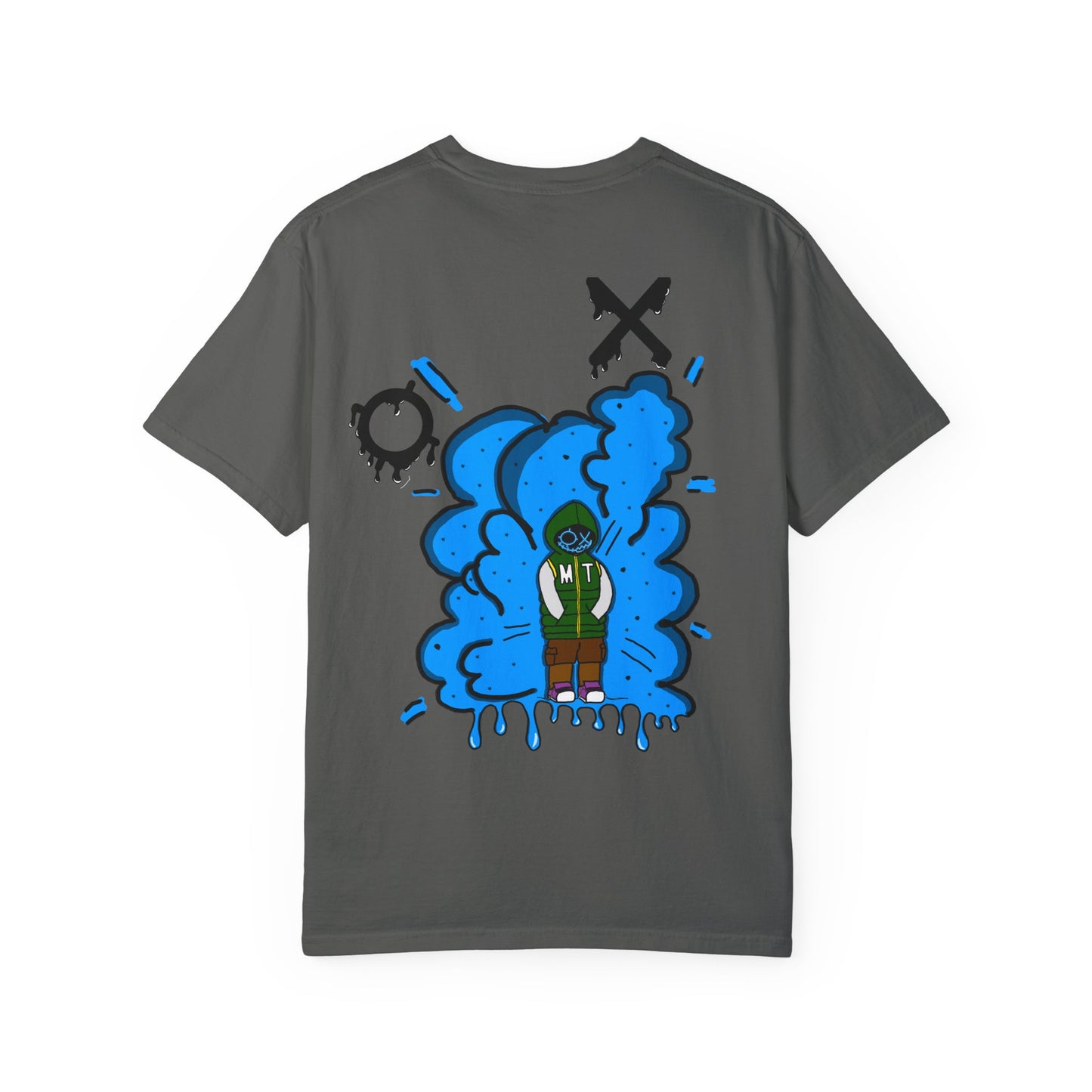 Artistic Blue Cloud Unisex Garment-Dyed T-Shirt - Streetwear Style with Blue Graffiti Design