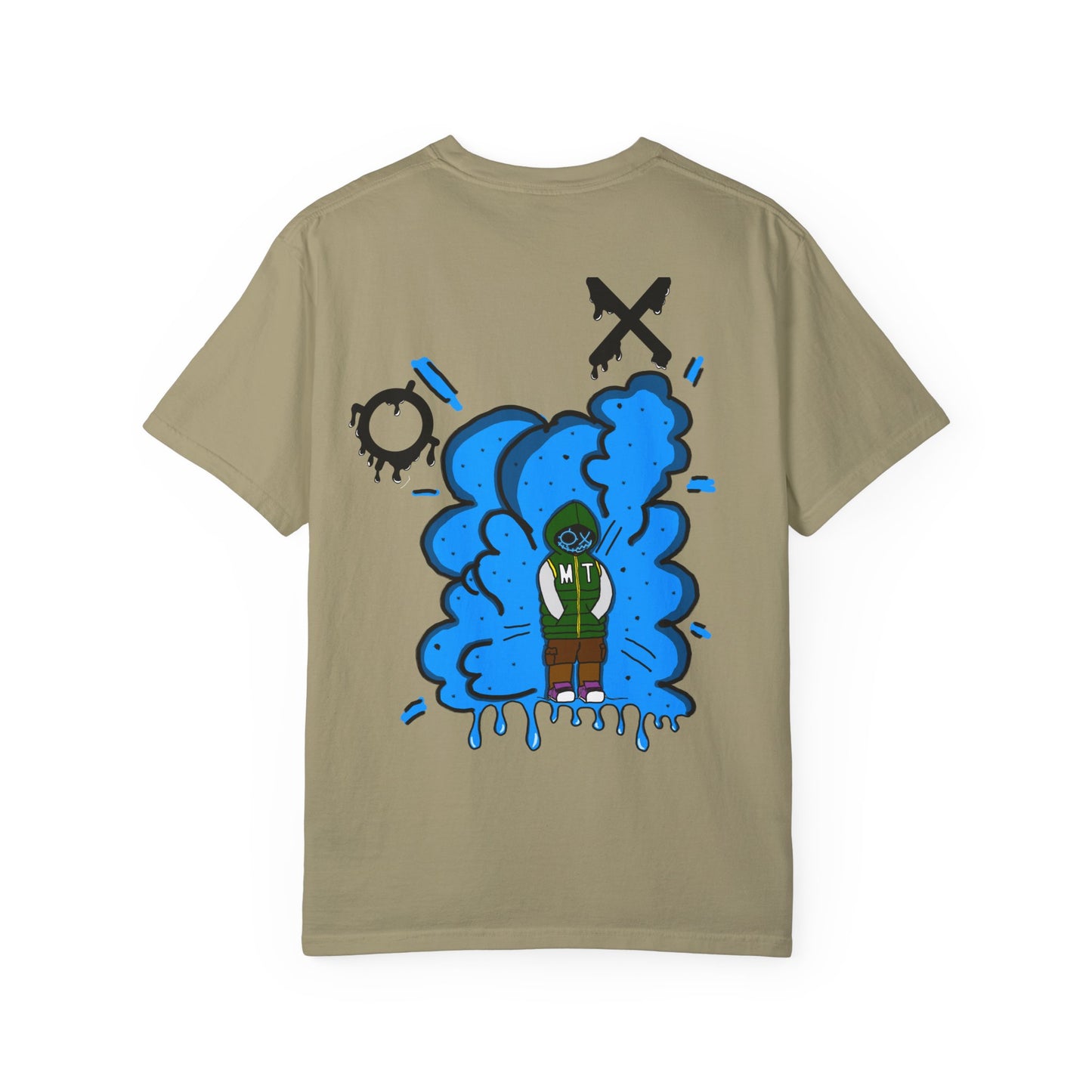 Artistic Blue Cloud Unisex Garment-Dyed T-Shirt - Streetwear Style with Blue Graffiti Design