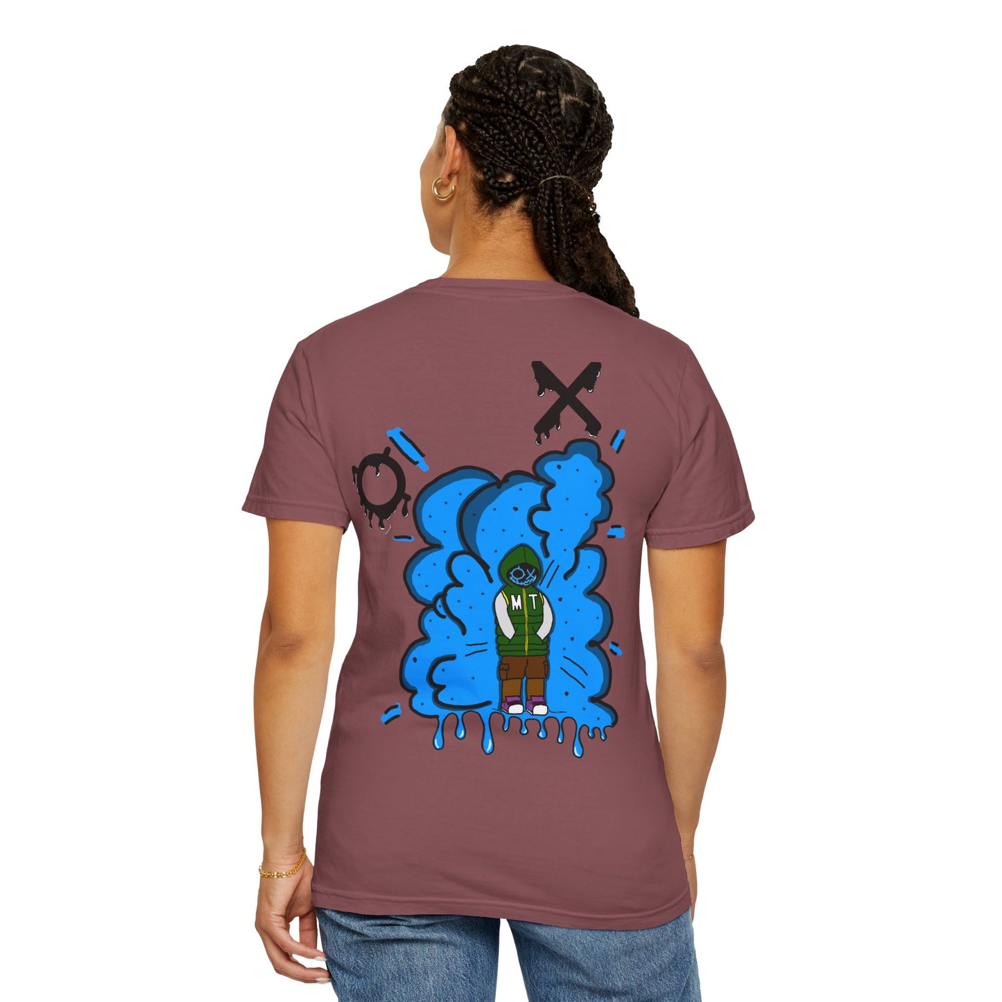 Artistic Blue Cloud Unisex Garment-Dyed T-Shirt - Streetwear Style with Blue Graffiti Design
