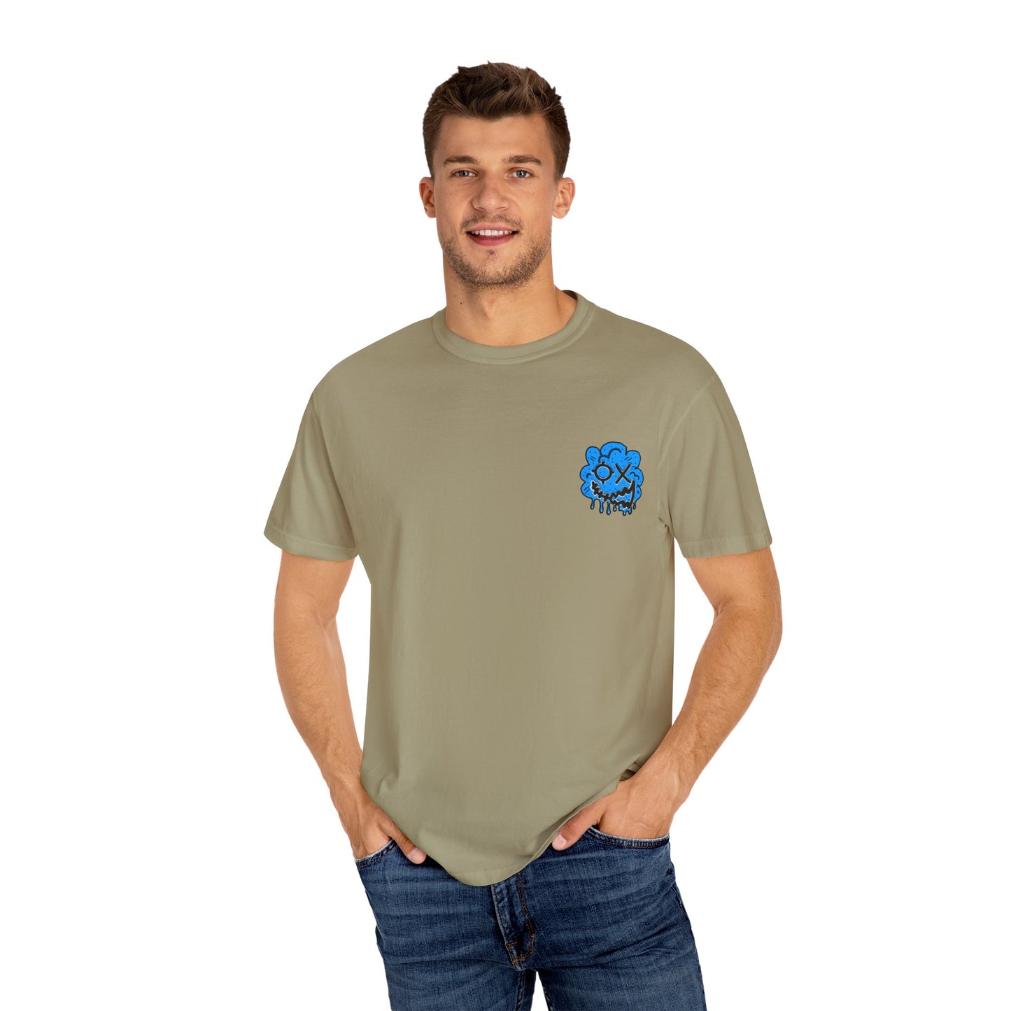 Artistic Blue Cloud Unisex Garment-Dyed T-Shirt - Streetwear Style with Blue Graffiti Design
