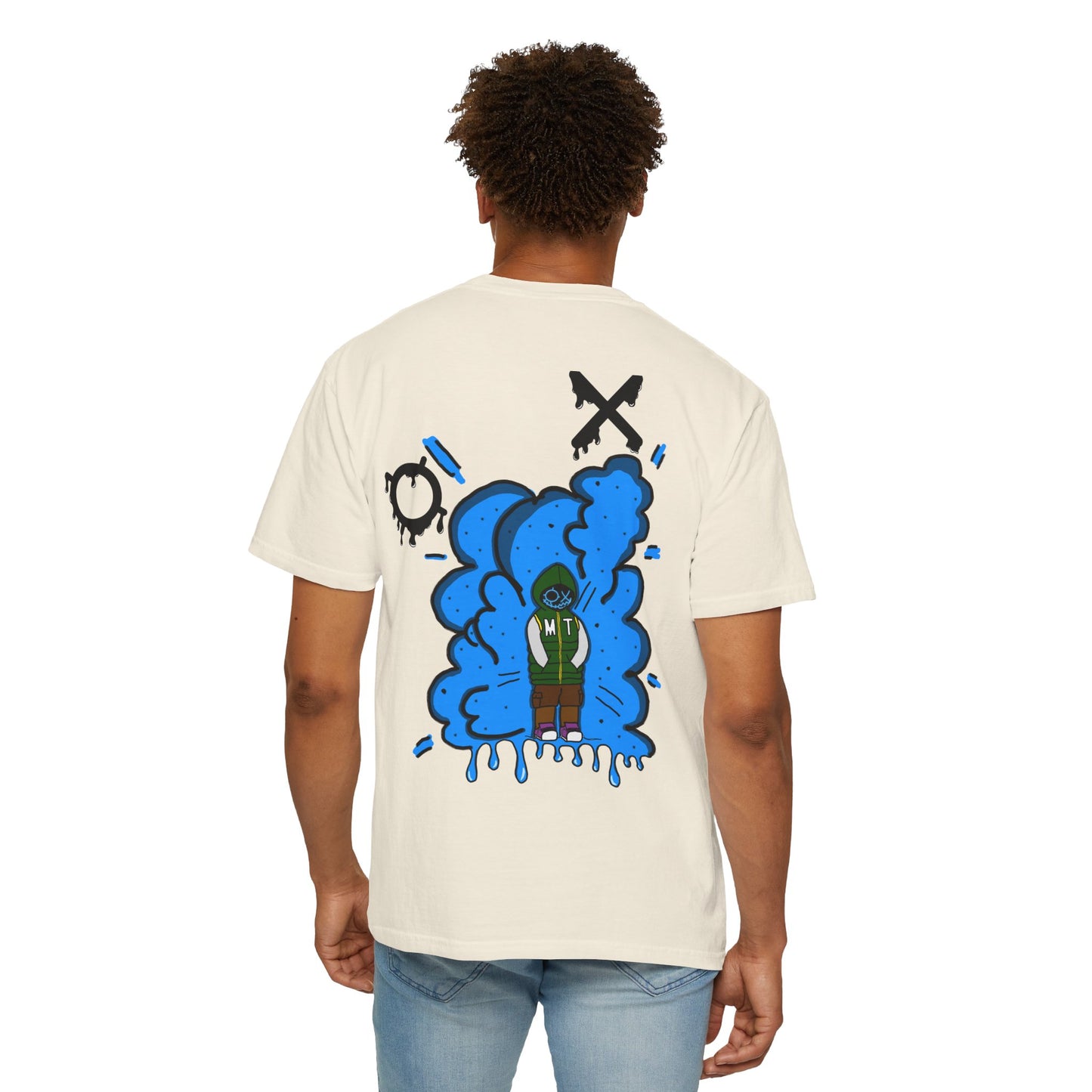 Artistic Blue Cloud Unisex Garment-Dyed T-Shirt - Streetwear Style with Blue Graffiti Design