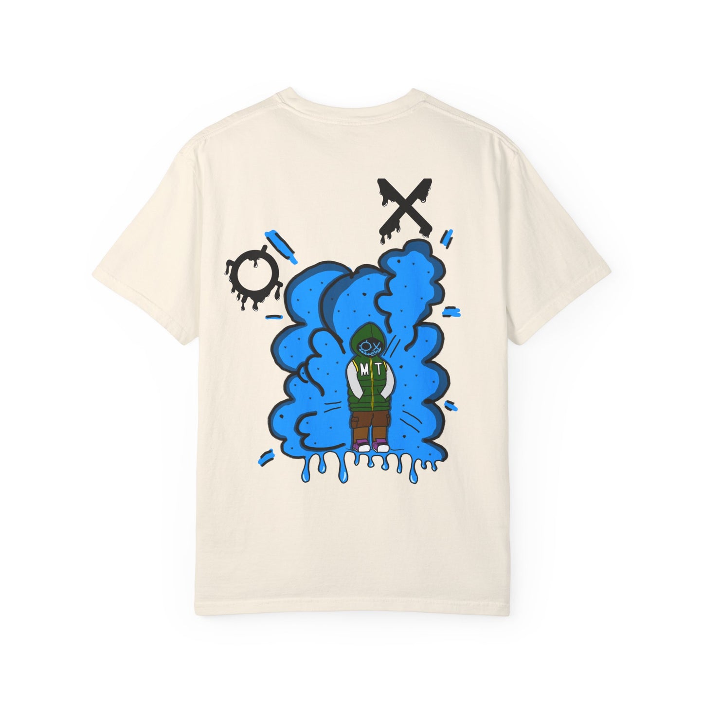 Artistic Blue Cloud Unisex Garment-Dyed T-Shirt - Streetwear Style with Blue Graffiti Design