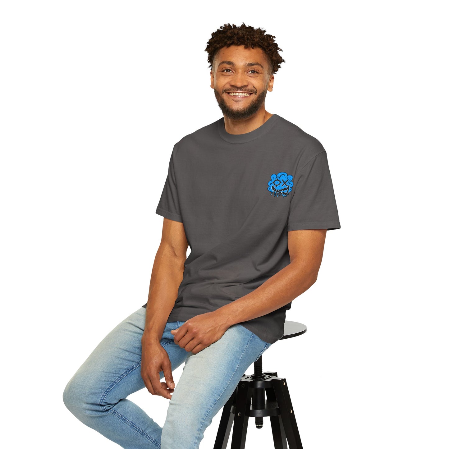 Artistic Blue Cloud Unisex Garment-Dyed T-Shirt - Streetwear Style with Blue Graffiti Design